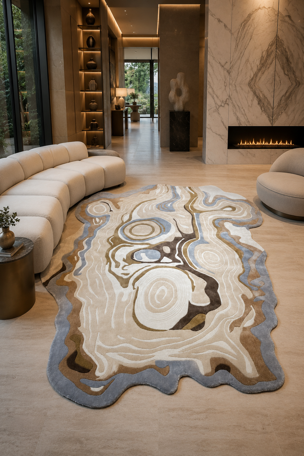 Luxury Topographic Drift organic rug displayed in a contemporary living room featuring abstract contour patterns in ivory, taupe, grey and blue tones.