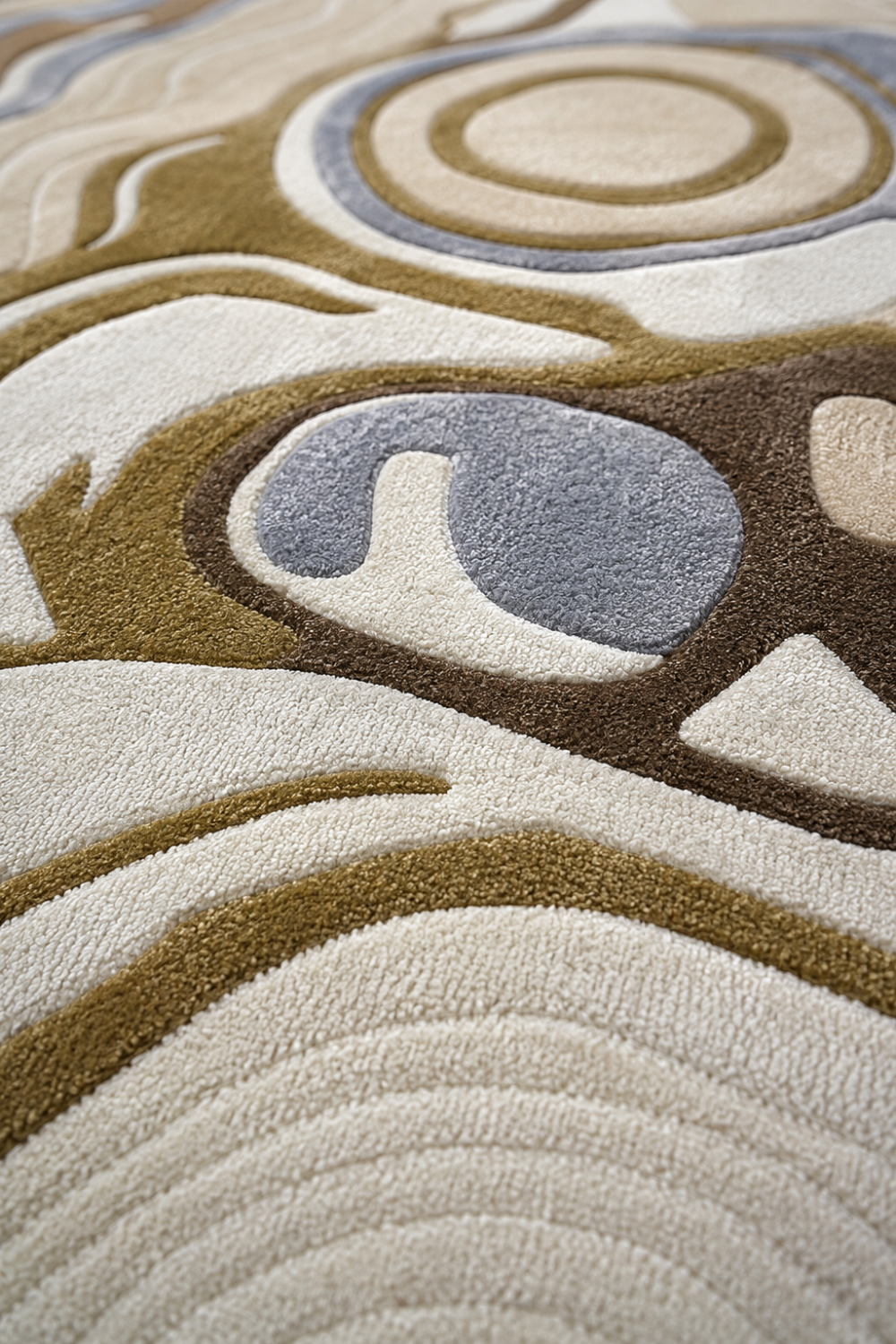 Close-up texture detail of Topographic Drift luxury rug highlighting sculpted contour patterns, plush pile and premium craftsmanship.
