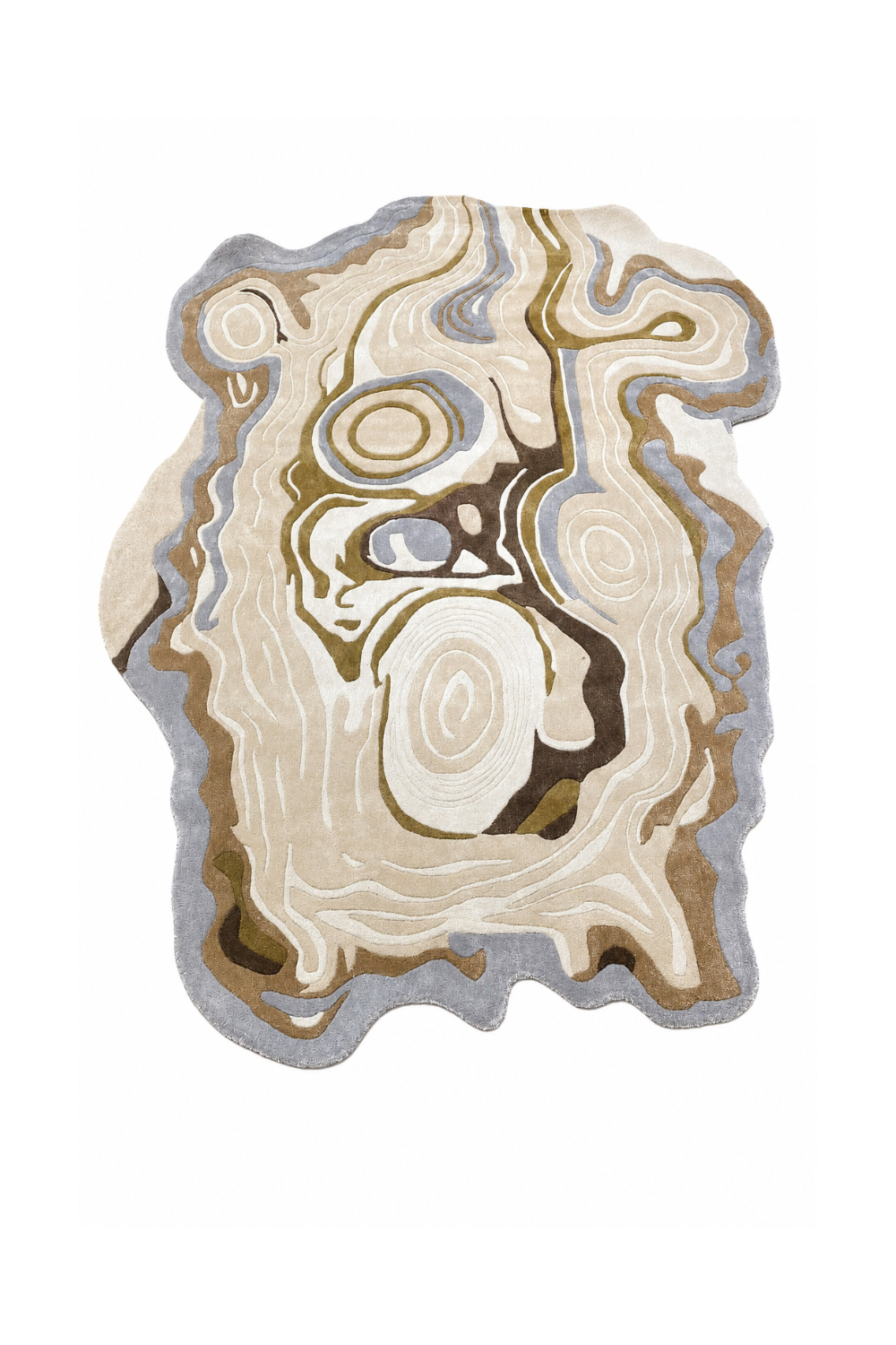 Luxury Topographic Drift organic rug displayed in a contemporary living room featuring abstract contour patterns in ivory, taupe, grey and blue tones.