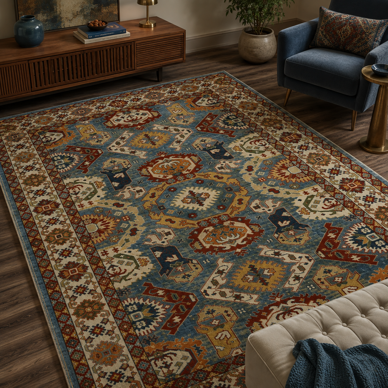 Traditional patterned area rug displayed in an elegant modern living room interior.