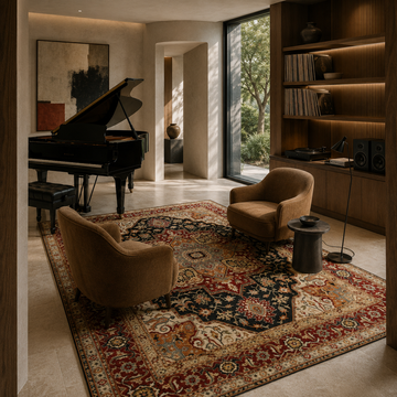 Traditional handmade rug and carpet styled in a contemporary music room with grand piano