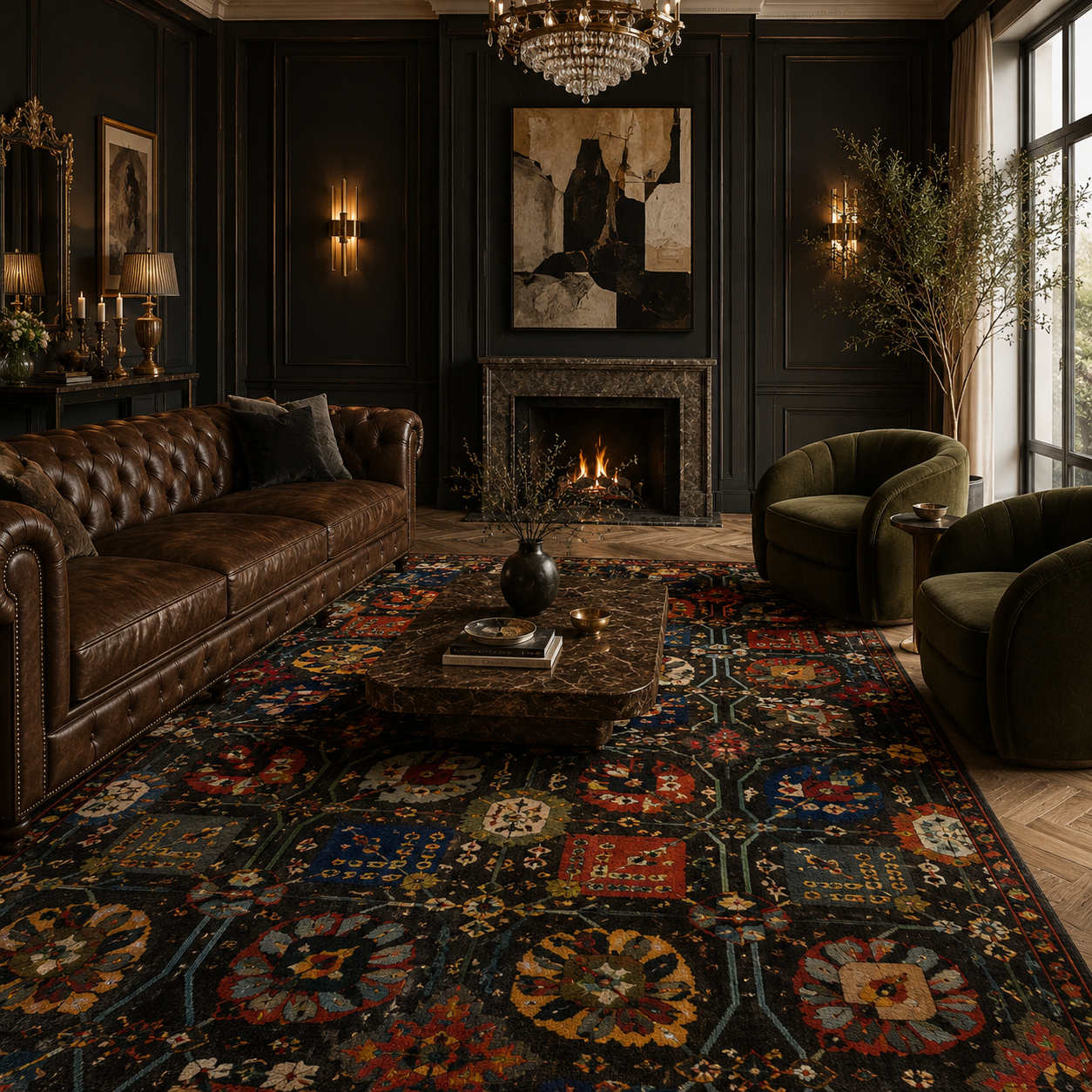 Traditional patterned rug styled in a luxury living room interior by Premium Rug Collection.