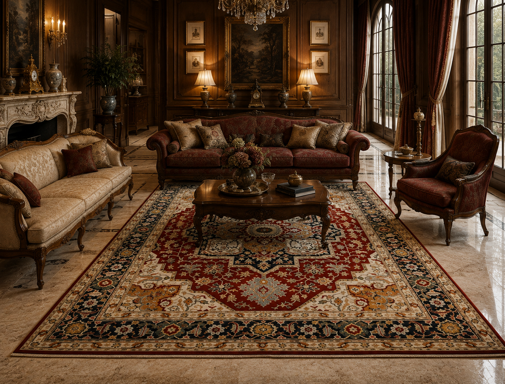 Traditional handmade luxury rugs and carpets displayed in an elegant heritage-inspired interior by Premium Rug Collection.
