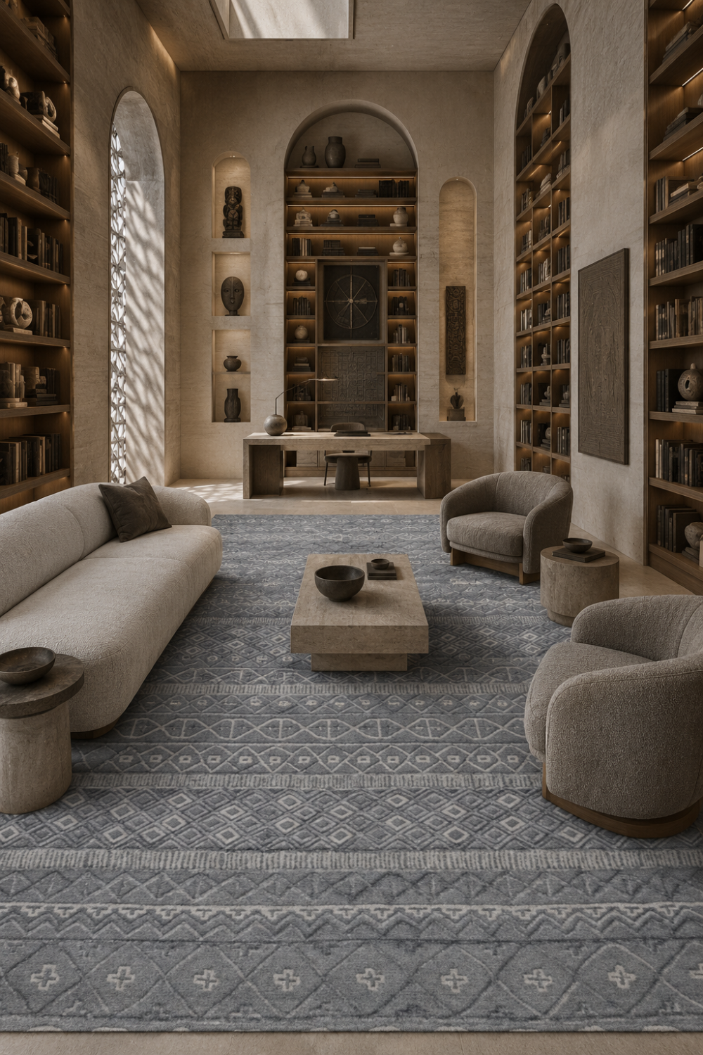Tribal Harmony luxury handloom New Zealand Wool charcoal grey geometric area rug styled in a contemporary designer living room