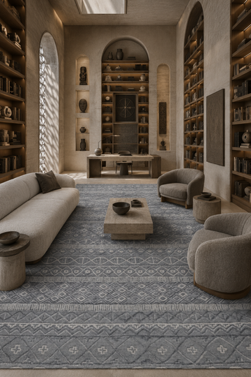 Tribal Harmony luxury handloom New Zealand Wool charcoal grey geometric area rug styled in a contemporary designer living room