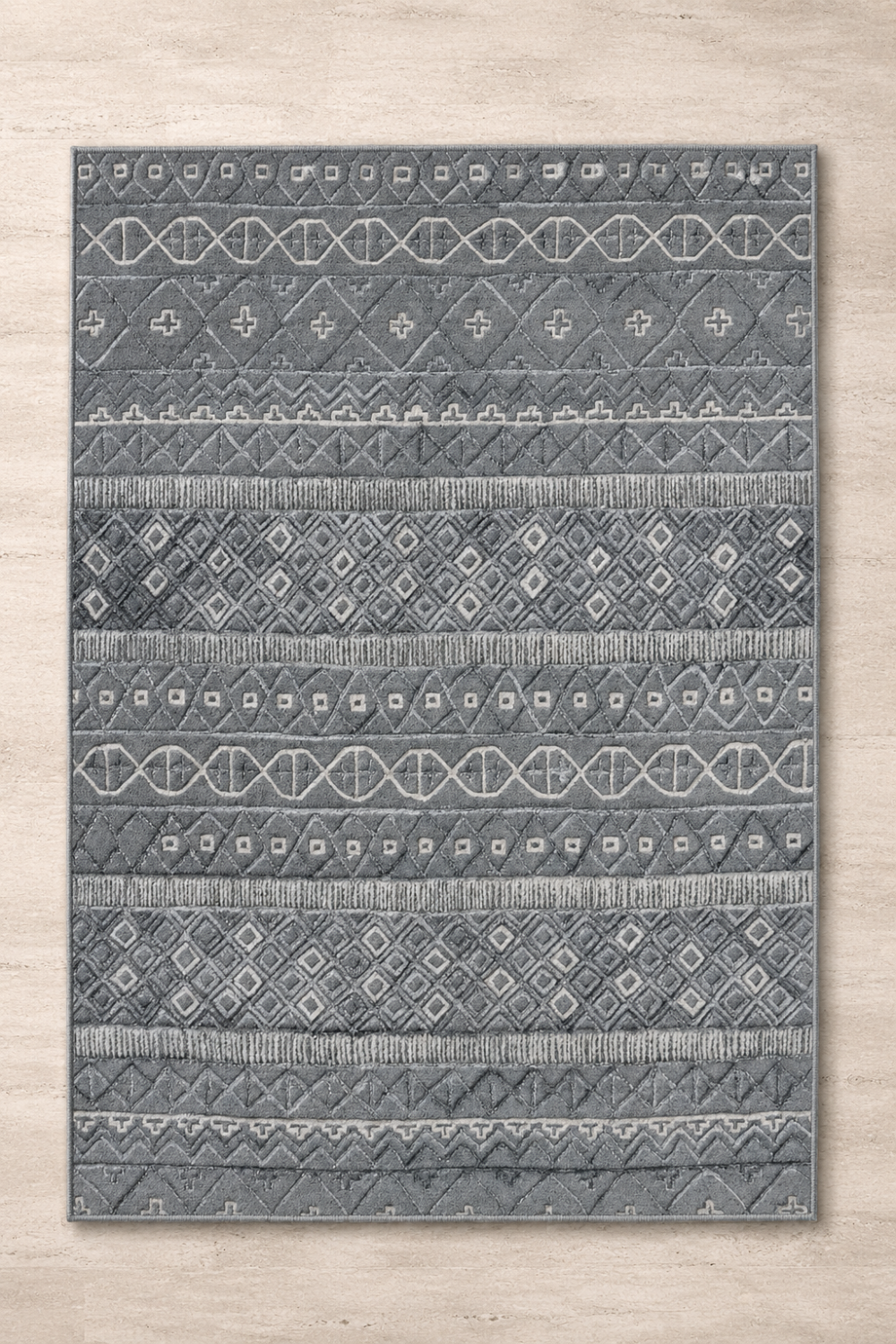 Tribal Harmony luxury handloom New Zealand Wool charcoal grey geometric area rug styled in a contemporary designer living room
