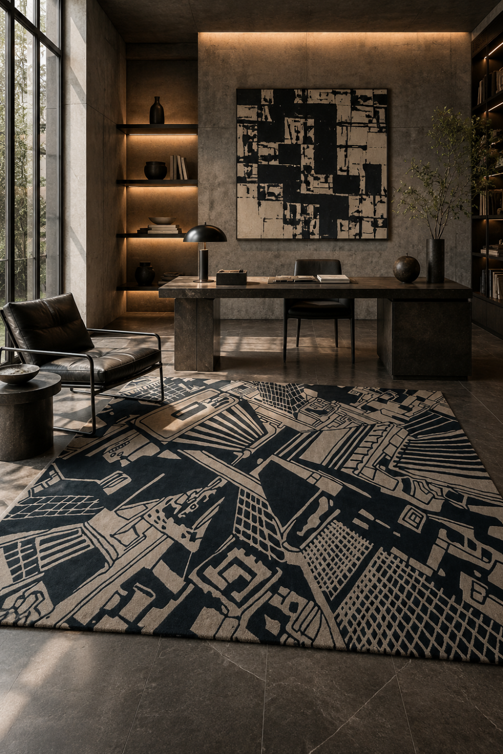 Urban Grid abstract rug styled in a dark contemporary study with black leather seating, stone surfaces, shelving and warm architectural lighting