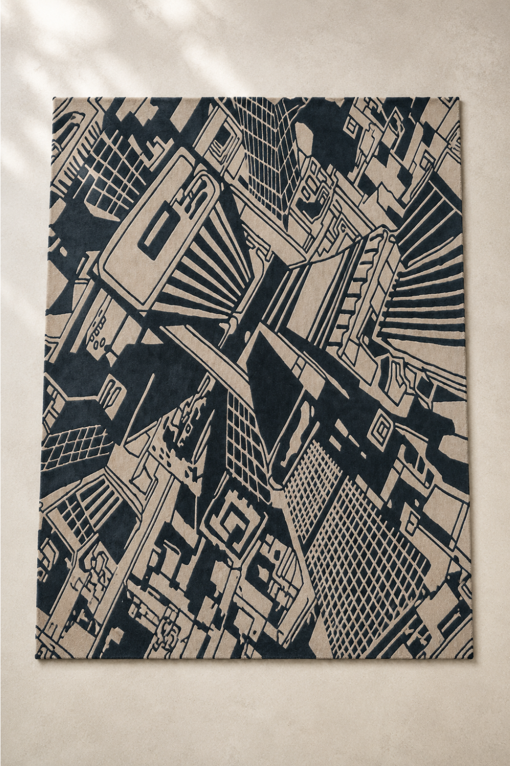 Complete Urban Grid hand-tufted abstract rug featuring bold charcoal geometric forms and warm beige architectural patterns