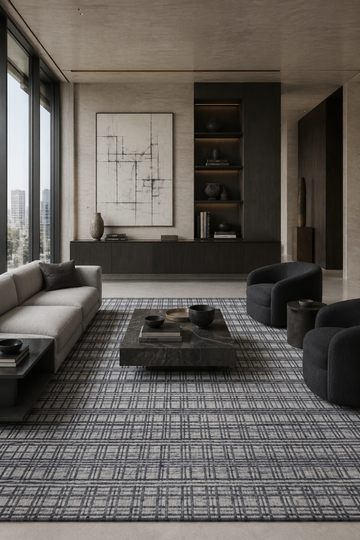 Urban Grid luxury handloom wool and viscose contemporary grid rug styled in a modern minimalist living room with designer furniture