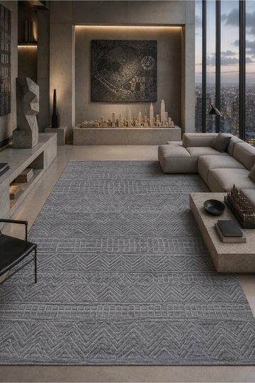 Urban Ridge luxury handloom over hand tufted New Zealand wool ash grey geometric area rug styled in a contemporary modern penthouse living room