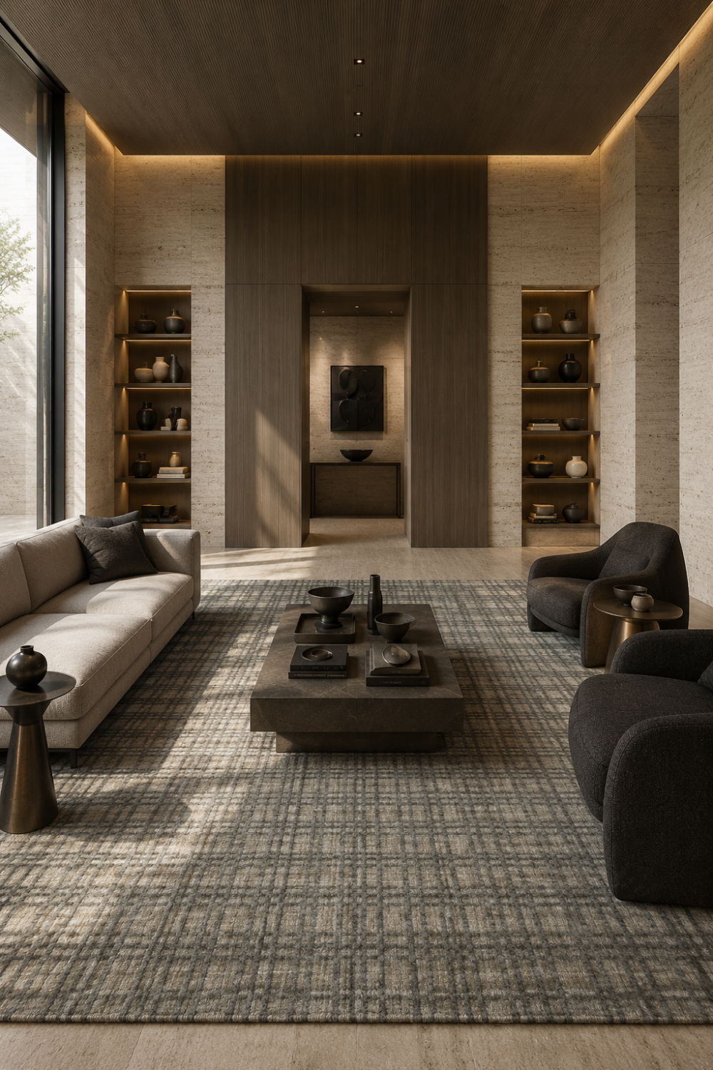 Urban Weave luxury handloom wool and viscose box rug styled in a contemporary designer living room with modern furniture
