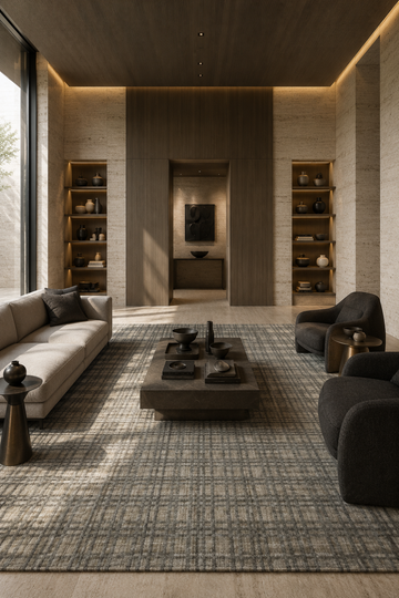 Urban Weave luxury handloom wool and viscose box rug styled in a contemporary designer living room with modern furniture