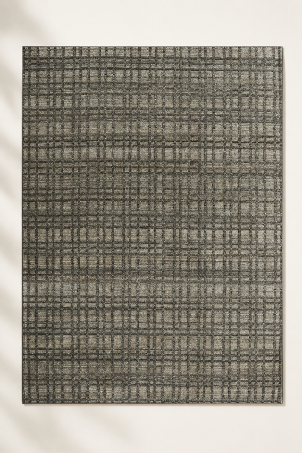 Urban Weave handloom New Zealand wool and viscose box rug featuring an architectural taupe grey grid pattern