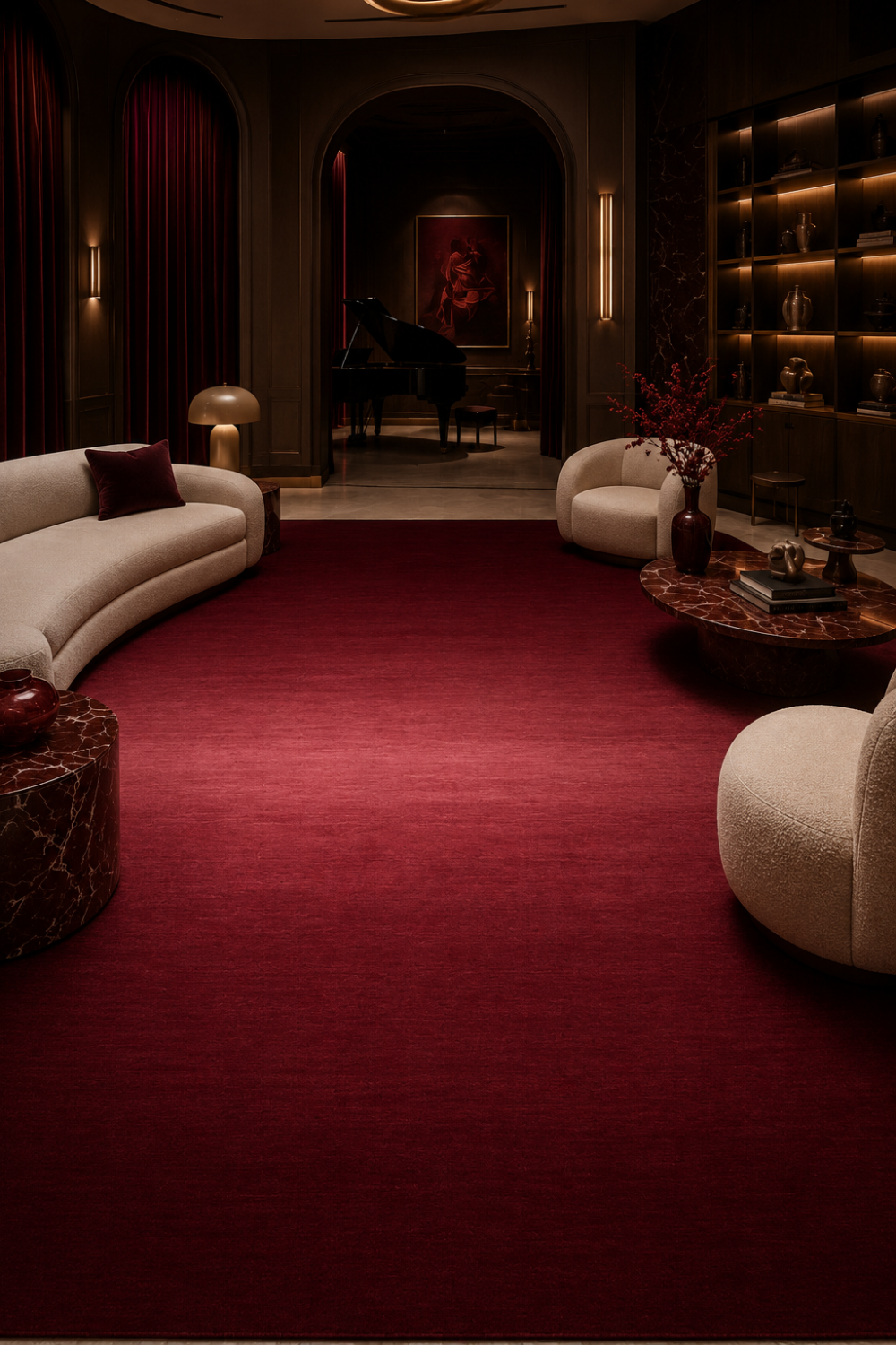 Velour Rouge luxury handloom New Zealand wool burgundy ombre area rug styled in a sophisticated contemporary luxury living room with rich architectural interiors.