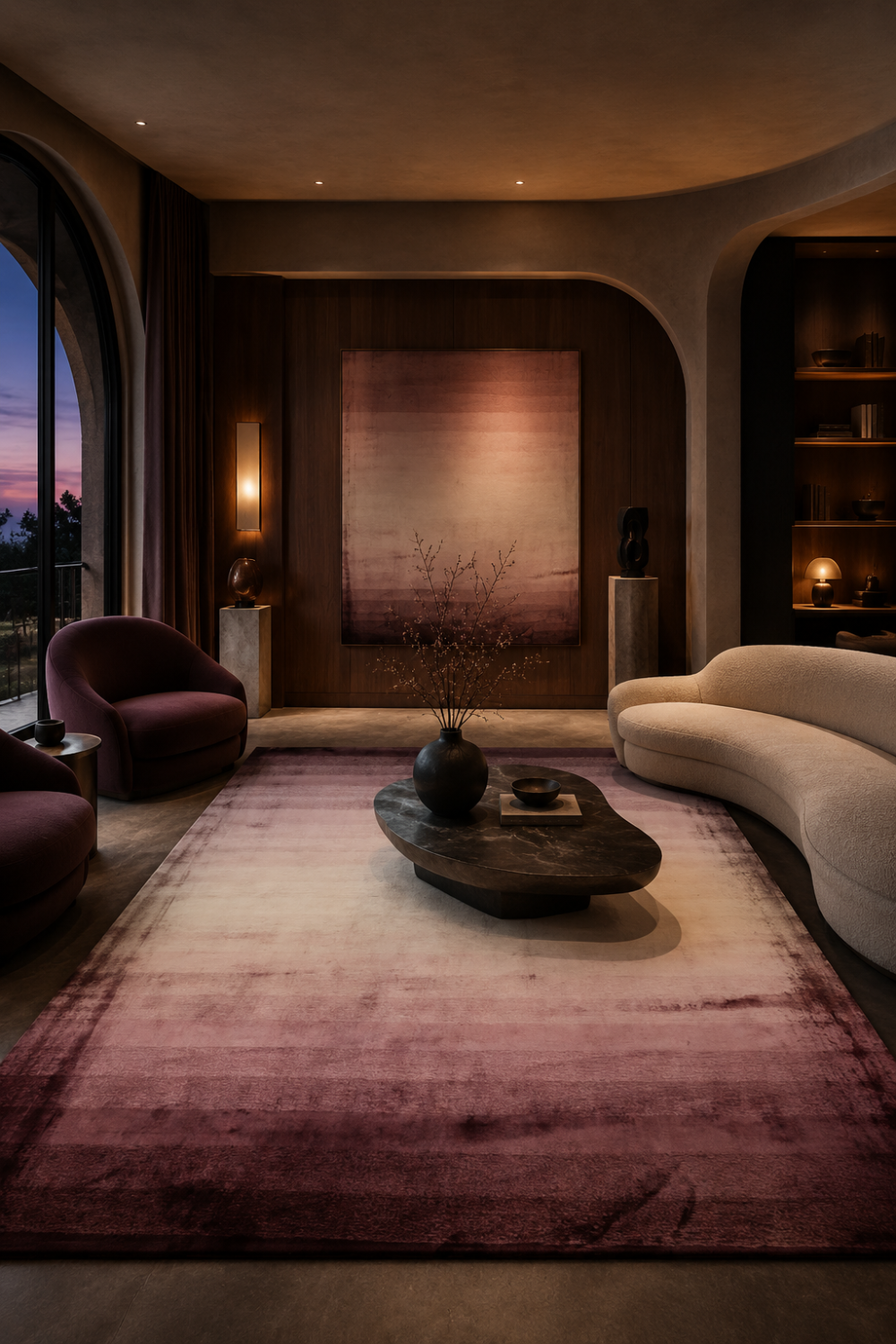 Velvet Horizon luxury handloom Tencel plum ombre area rug styled in a contemporary designer living room with warm architectural interiors