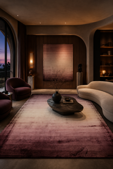 Velvet Horizon luxury handloom Tencel plum ombre area rug styled in a contemporary designer living room with warm architectural interiors