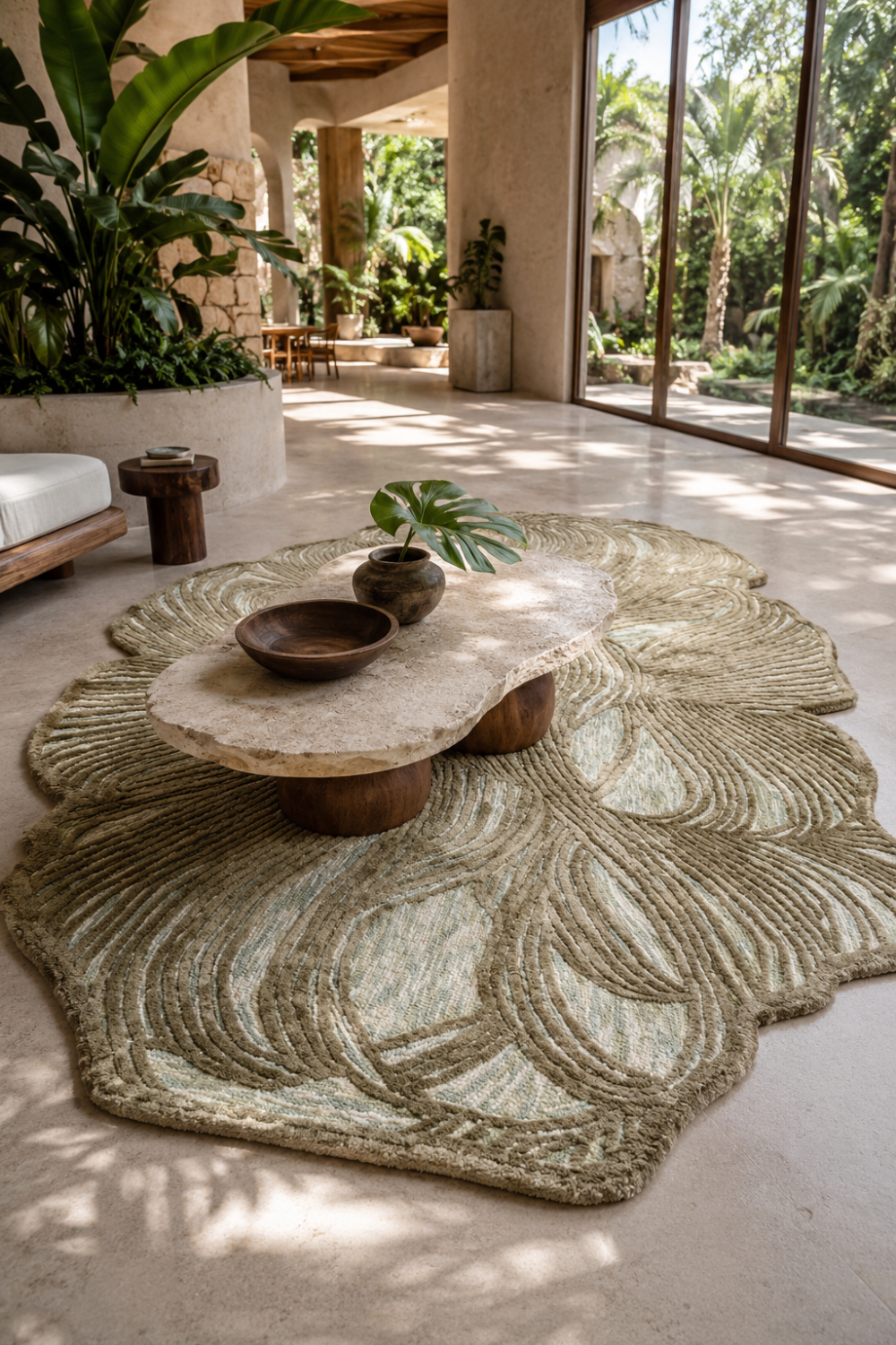 Luxury Verdant Canopy Organic Rug styled in a tropical-inspired modern living room with natural materials and botanical decor.