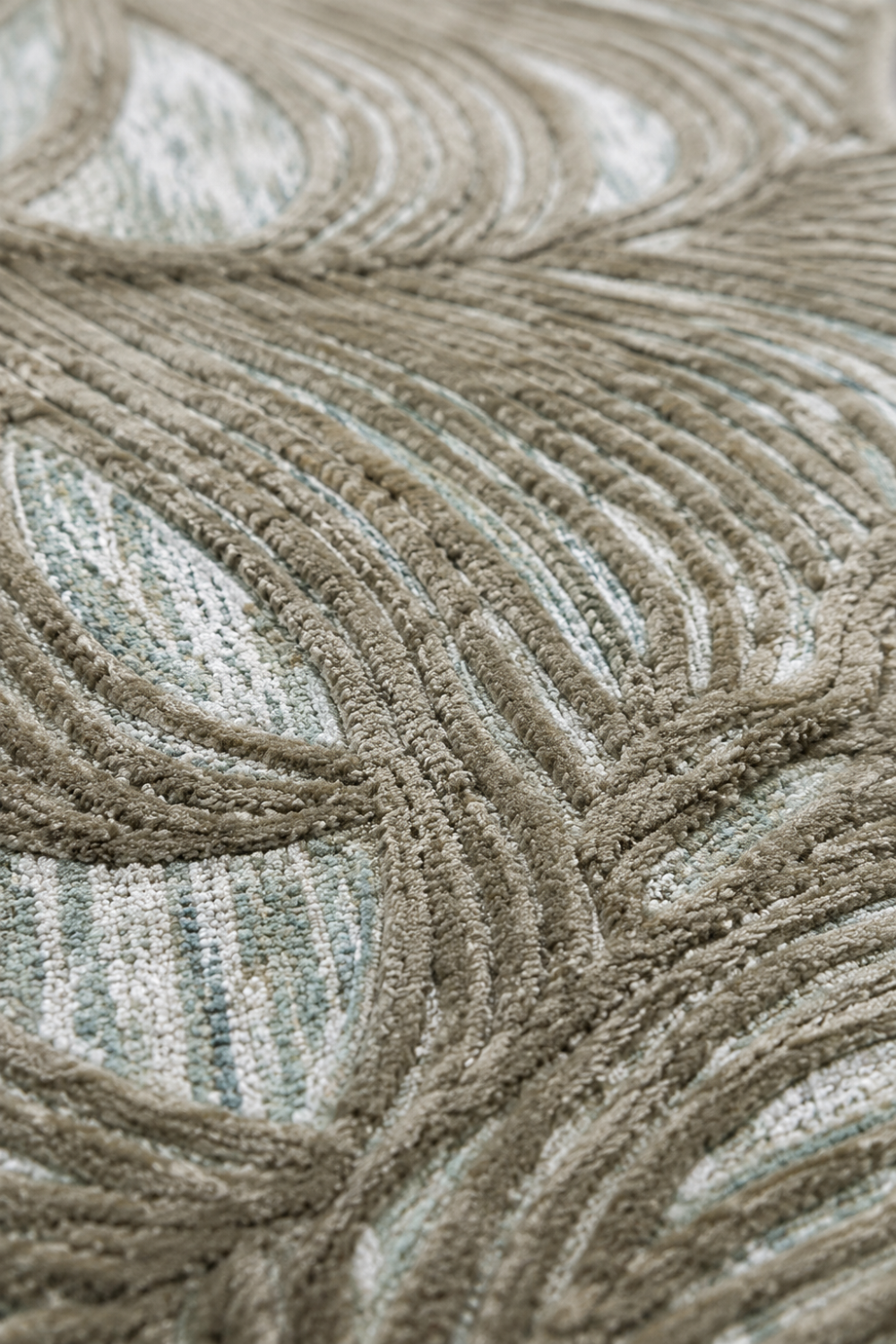 Close-up detail of Verdant Canopy Organic Rug highlighting premium handcrafted carving, layered texture and artisan craftsmanship.