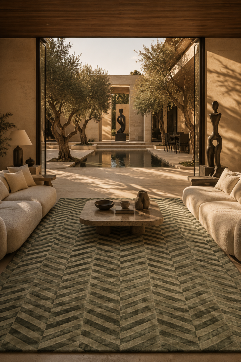 Verdant Chevron Rug in Handloom Viscose Tencel Bamboo styled in a luxury indoor-outdoor living space featuring an embossed olive green chevron pattern.