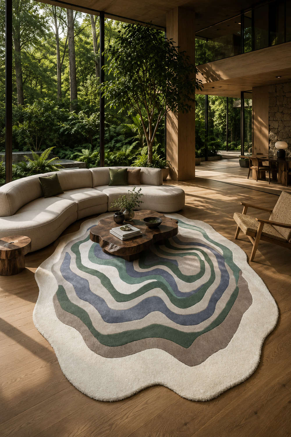 Verdant Contour organic rug styled in a luxury modern living room featuring layered sage green and slate blue contour-inspired patterns.