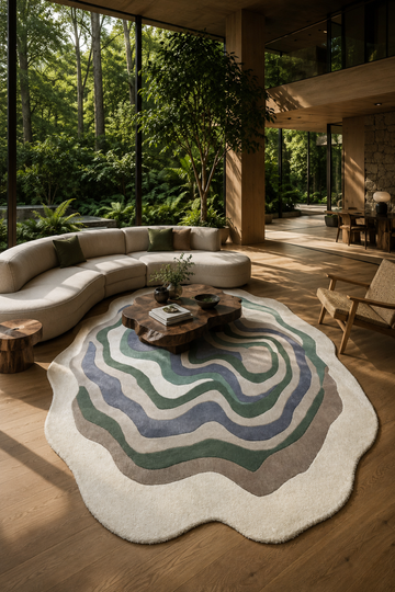 Verdant Contour organic rug styled in a luxury modern living room featuring layered sage green and slate blue contour-inspired patterns.