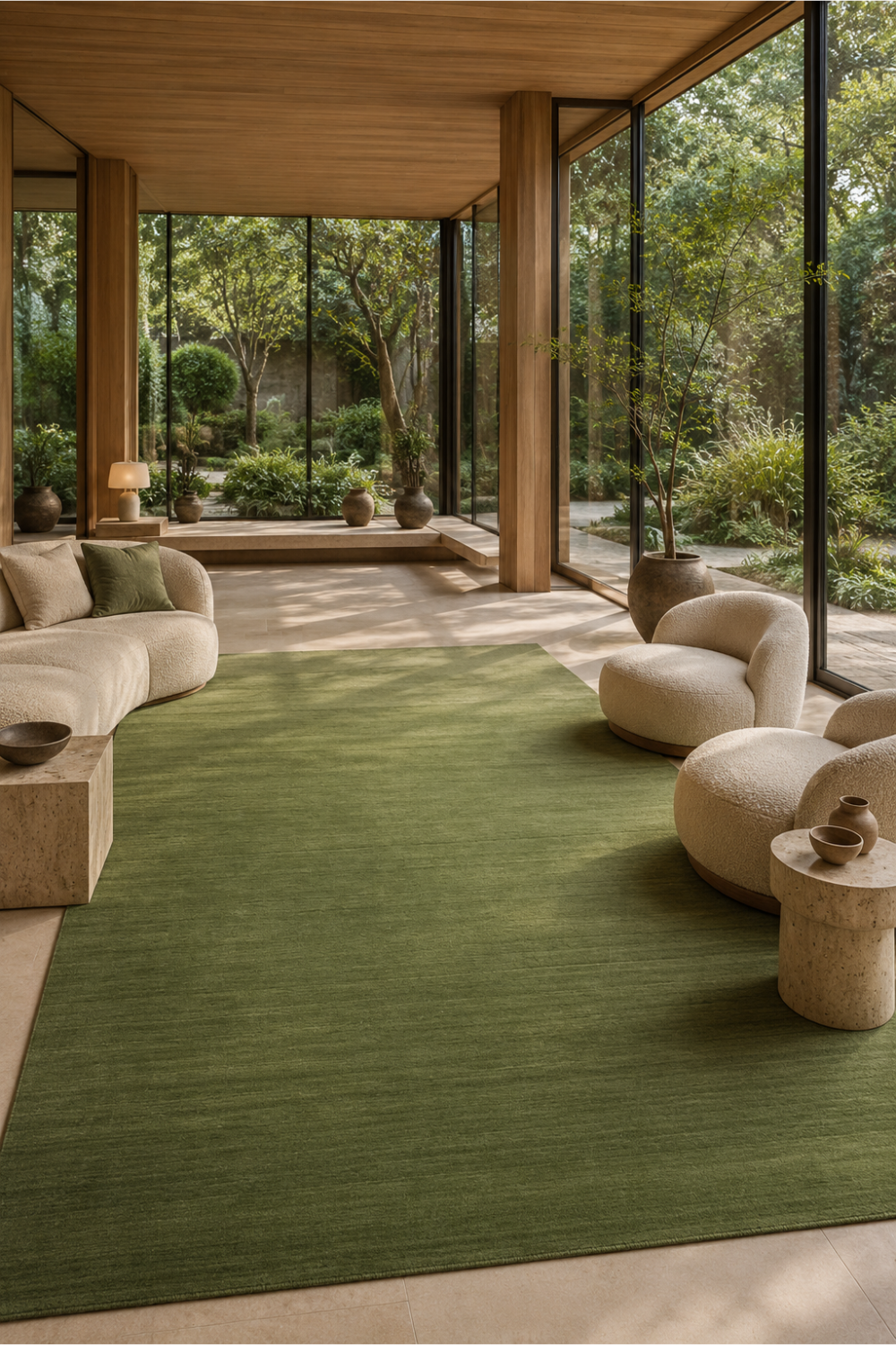 Verdant Horizon luxury handloom New Zealand wool green gradient area rug styled in a contemporary living room with natural wood architecture and indoor garden views
